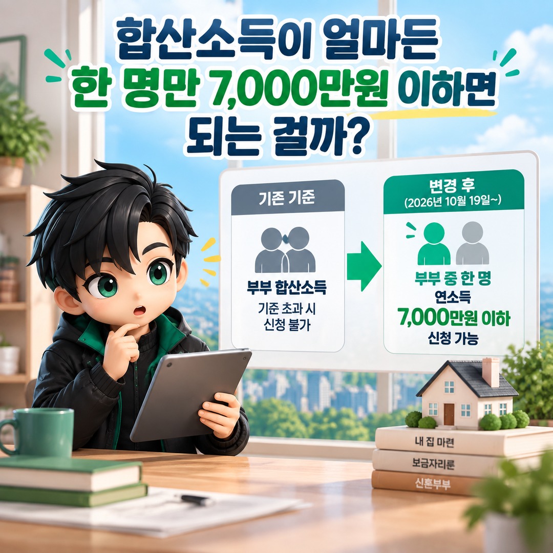 신혼부부 보금자리론, 합산소득 기준 넘어도 10월 19일부터 1인 7000만원 기준 적용 - 합산소득이 얼마든 한 명만 7,000만원 이하면 되는 걸까 핵심 내용을 정리한 정보형 이미지