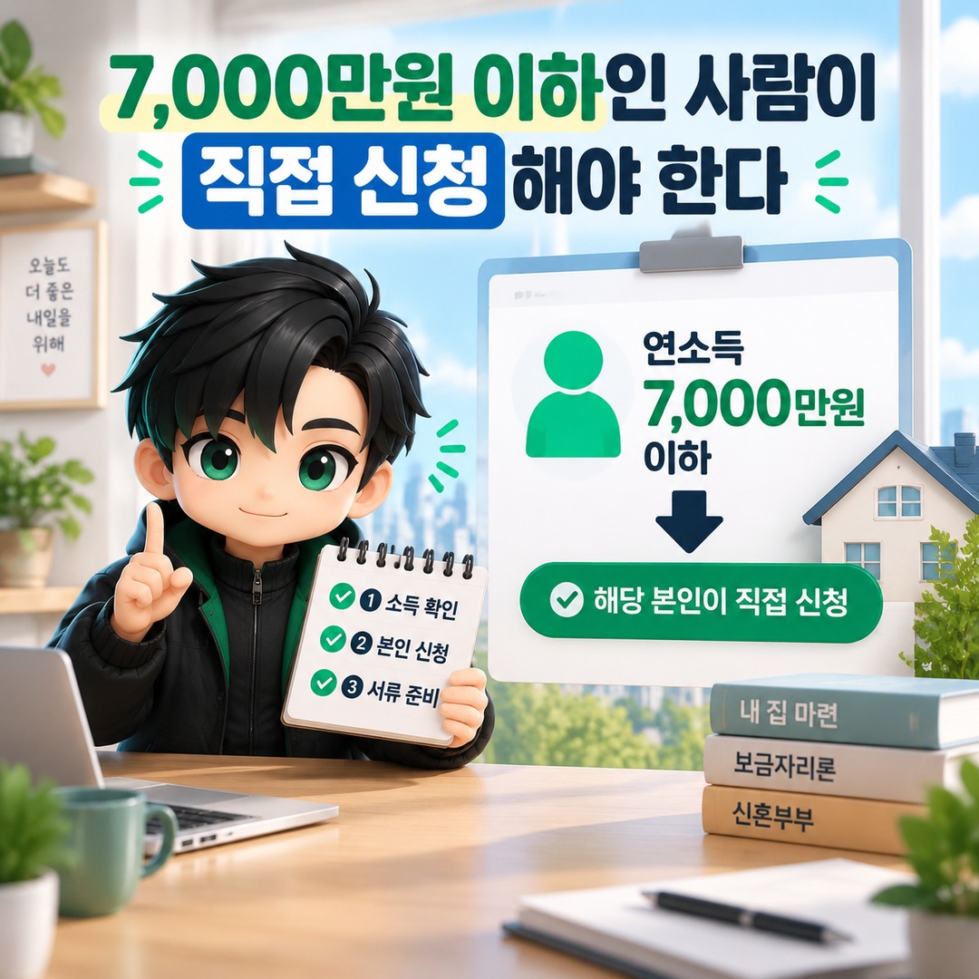 신혼부부 보금자리론, 합산소득 기준 넘어도 10월 19일부터 1인 7000만원 기준 적용 - 7,000만원 이하인 사람이 직접 신청해야 한다 핵심 내용을 정리한 정보형 이미지