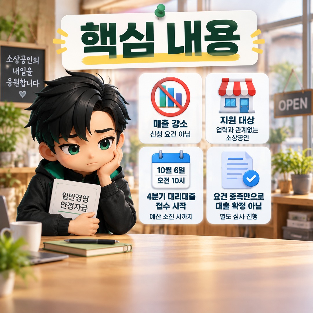 2026년 4분기 소상공인 일반경영안정자금, 매출 감소 없어도 신청 대상이 될 수 있습니다 - 핵심 내용 핵심 내용을 정리한 정보형 이미지