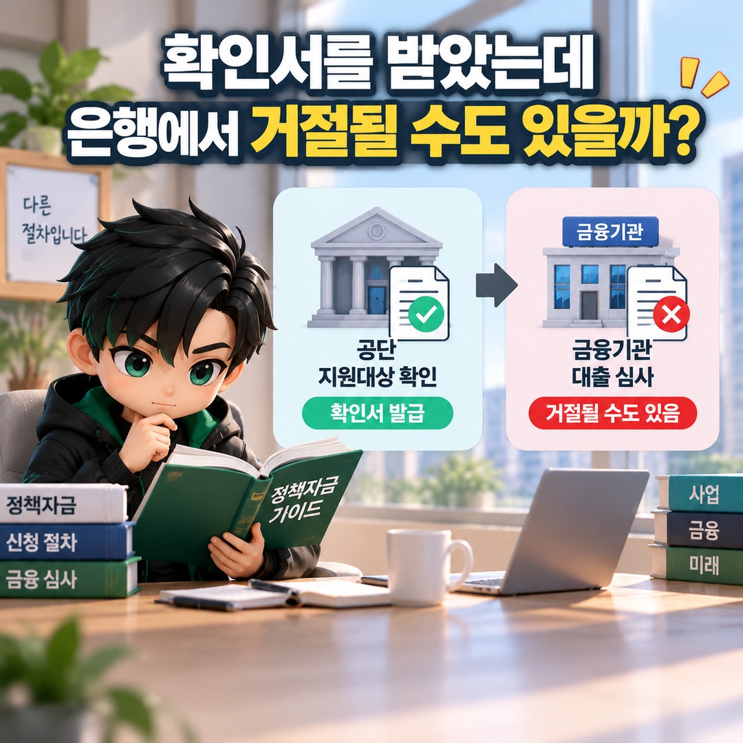 소상공인 정책자금 확인서 받으면 대출 확정일까? 일반경영안정자금은 은행 심사가 남습니다 - 확인서를 받았는데 은행에서 거절될 수도 있을까? 핵심 내용을 정리한 정보형 이미지