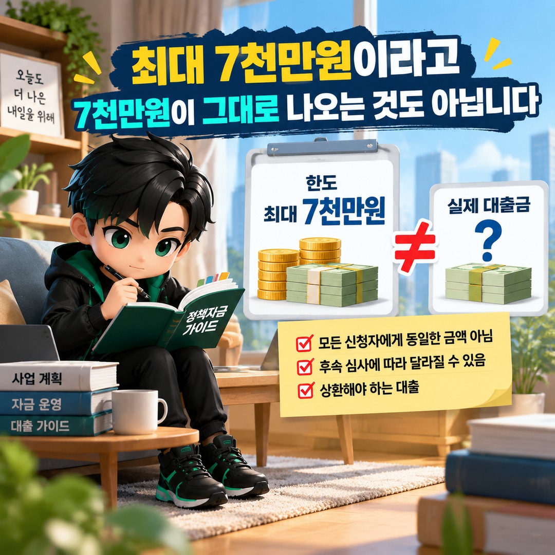소상공인 정책자금 확인서 받으면 대출 확정일까? 일반경영안정자금은 은행 심사가 남습니다 - 최대 7천만원이라고 7천만원이 그대로 나오는 것도 아닙니다 핵심 내용을 정리한 정보형 이미지