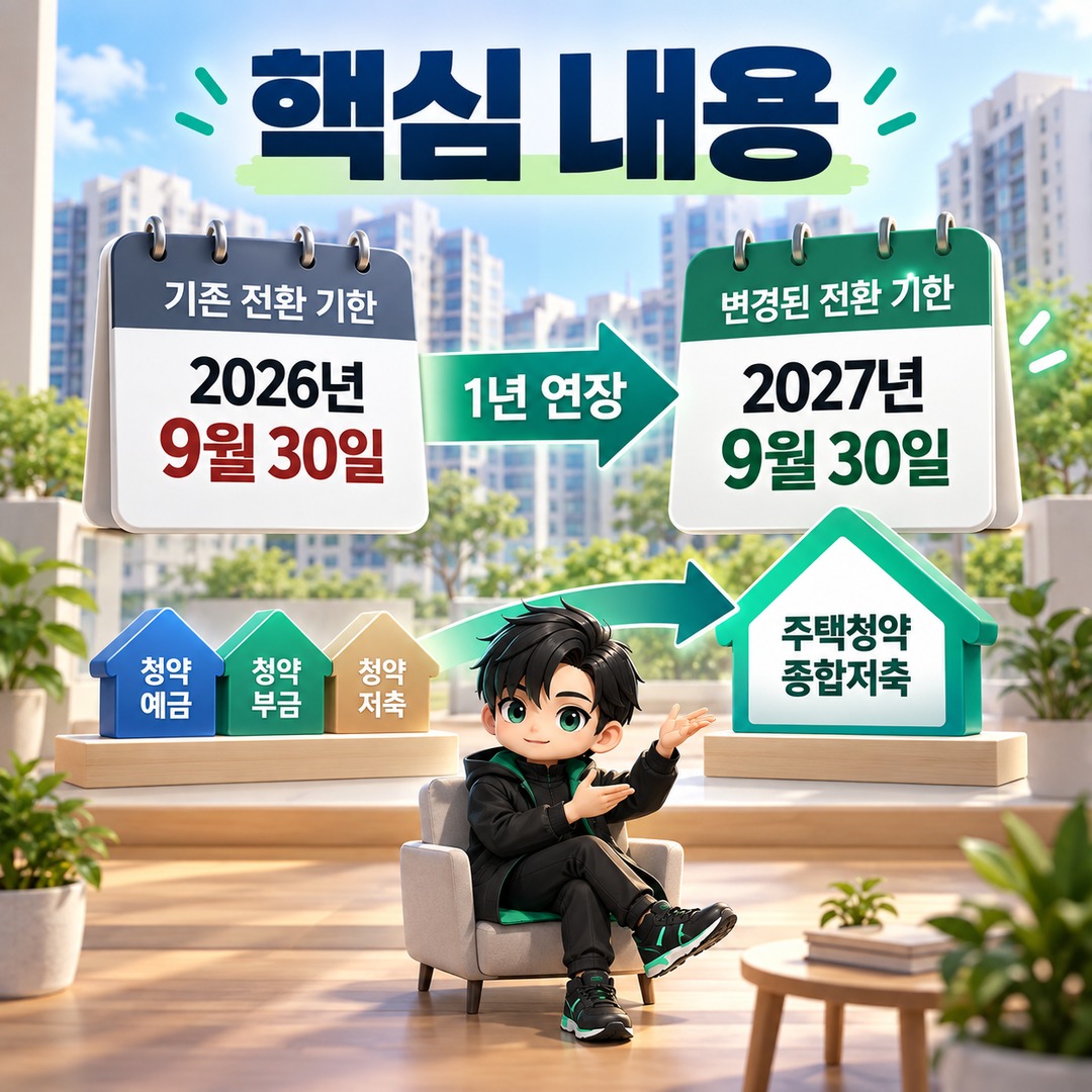 청약예금·부금·저축 전환, 9월 30일 서두를 필요 없다…2027년까지 연장·가입기간 인정 기준 - 핵심 내용 핵심 내용을 정리한 정보형 이미지