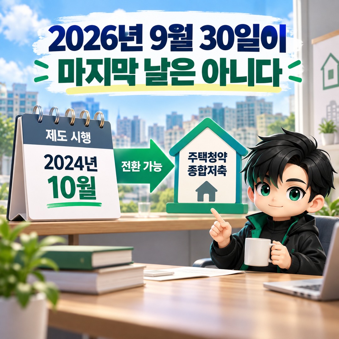 청약예금·부금·저축 전환, 9월 30일 서두를 필요 없다…2027년까지 연장·가입기간 인정 기준 - 2026년 9월 30일이 마지막 날은 아니다 핵심 내용을 정리한 정보형 이미지