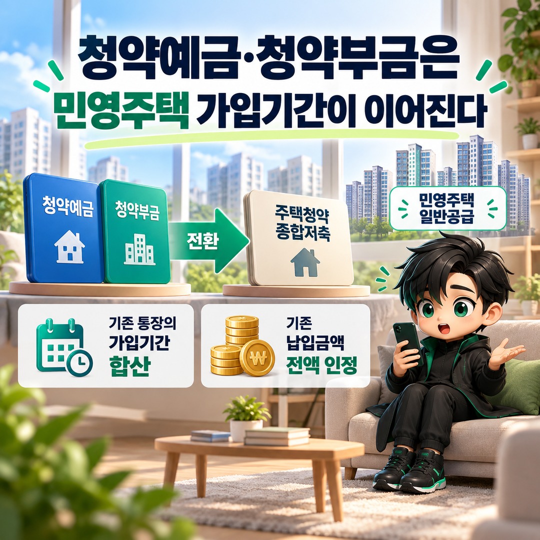 청약예금·부금·저축 전환, 9월 30일 서두를 필요 없다…2027년까지 연장·가입기간 인정 기준 - 청약예금·청약부금은 민영주택 가입기간이 이어진다 핵심 내용을 정리한 정보형 이미지