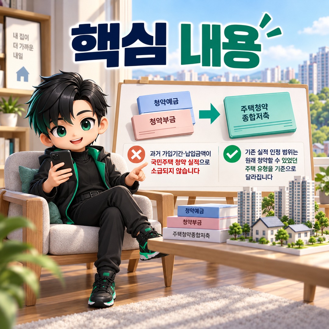 청약예금·부금 전환하면 공공주택 납입횟수도 살아날까? 기존 실적 인정 기준이 다릅니다 - 핵심 내용 핵심 내용을 정리한 정보형 이미지