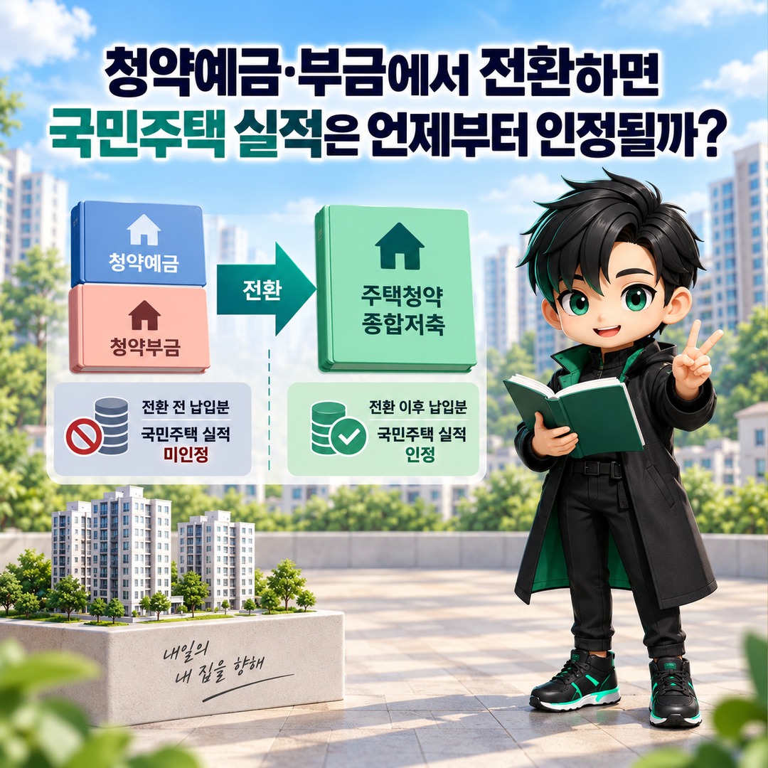 청약예금·부금 전환하면 공공주택 납입횟수도 살아날까? 기존 실적 인정 기준이 다릅니다 - 청약예금·부금에서 전환하면 국민주택 실적은 언제부터 인정될까 핵심 내용을 정리한 정보형 이미지