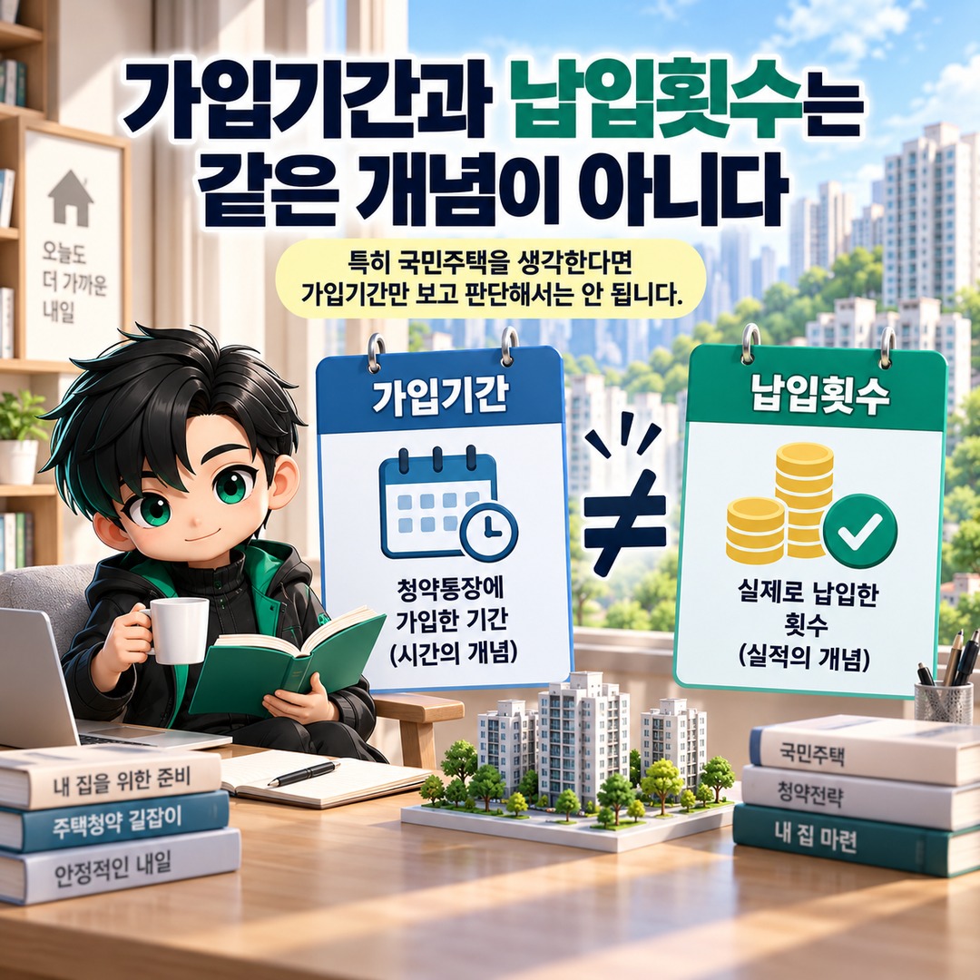 청약예금·부금 전환하면 공공주택 납입횟수도 살아날까? 기존 실적 인정 기준이 다릅니다 - 가입기간과 납입횟수는 같은 개념이 아니다 핵심 내용을 정리한 정보형 이미지