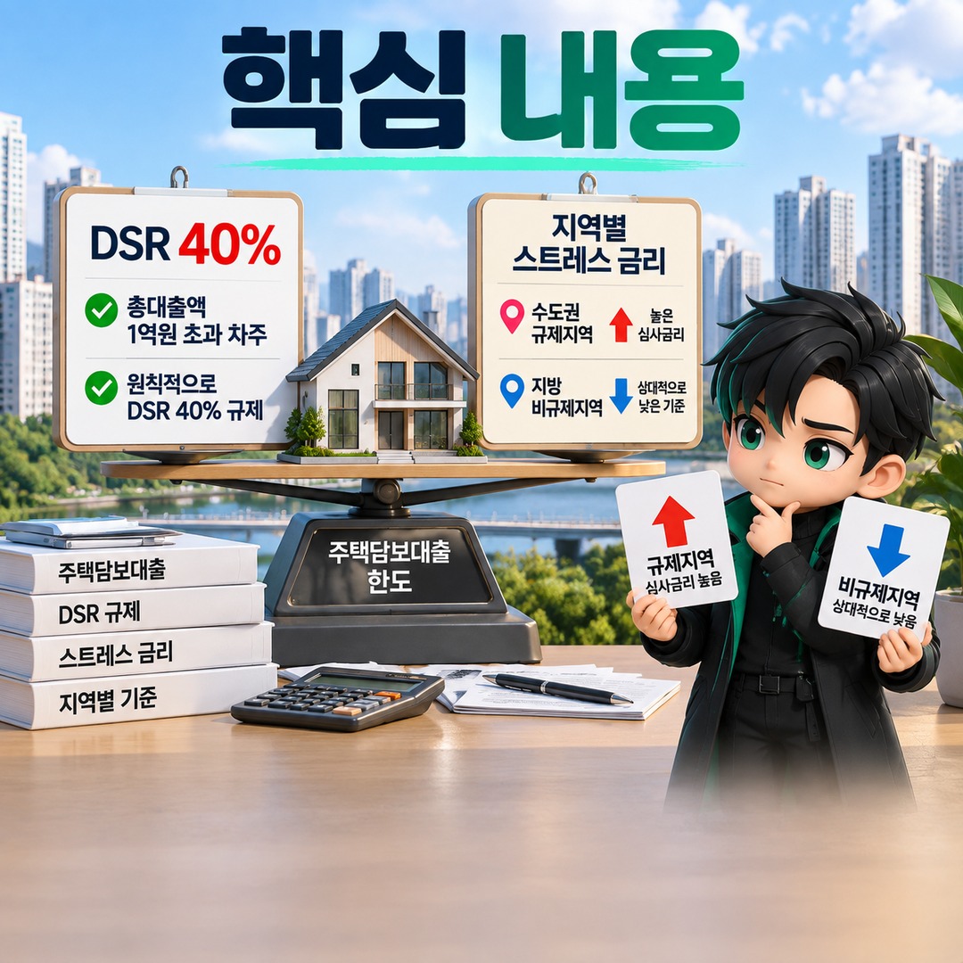 주택담보대출 연봉별 한도, 2026년에는 DSR 40%와 지역별 스트레스 금리가 먼저 갈라놓는다 - 핵심 내용 핵심 내용을 정리한 정보형 이미지