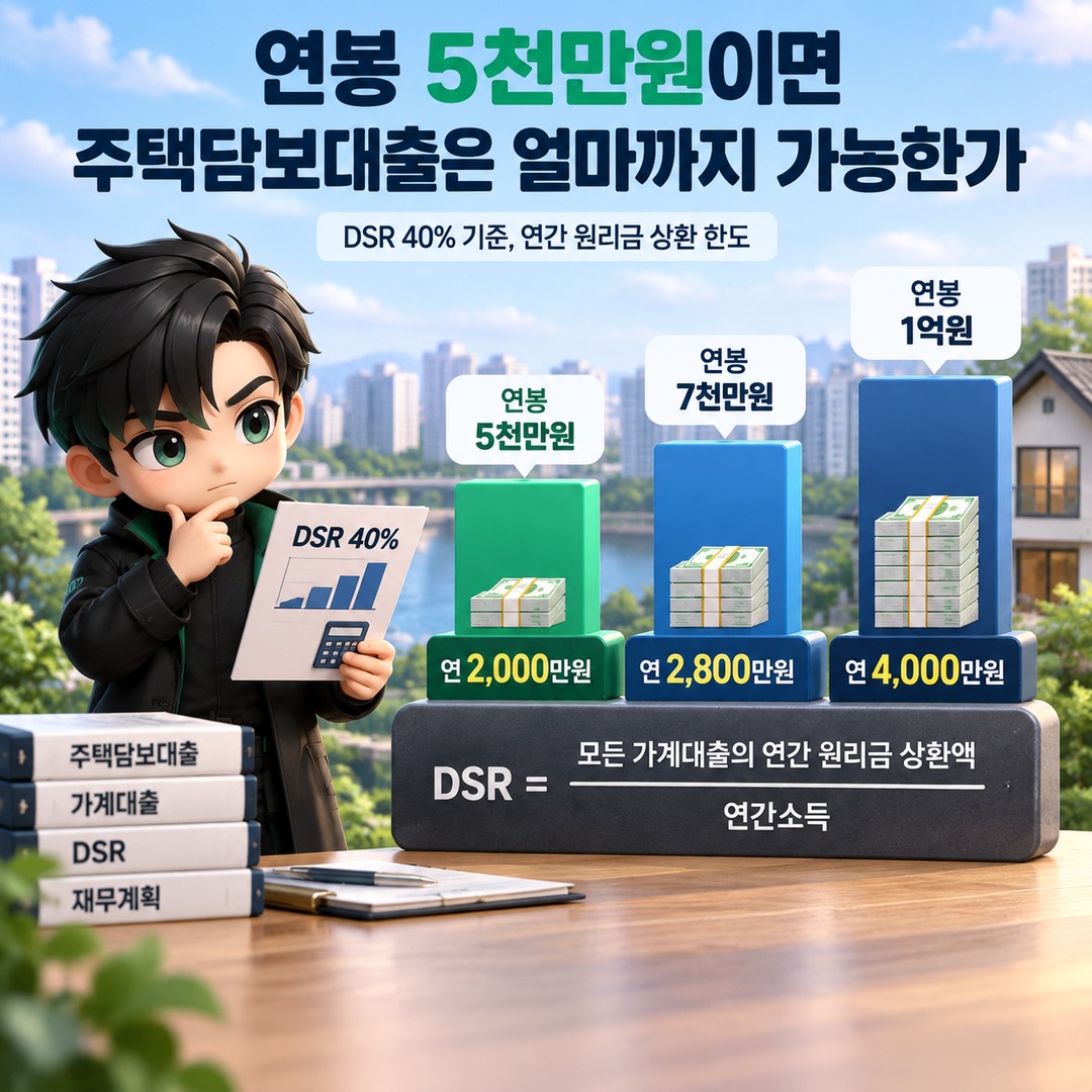 주택담보대출 연봉별 한도, 2026년에는 DSR 40%와 지역별 스트레스 금리가 먼저 갈라놓는다 - 연봉 5천만원이면 주택담보대출은 얼마까지 가능한가 핵심 내용을 정리한 정보형 이미지