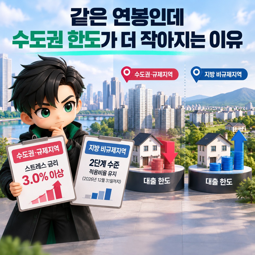 주택담보대출 연봉별 한도, 2026년에는 DSR 40%와 지역별 스트레스 금리가 먼저 갈라놓는다 - 같은 연봉인데 수도권 한도가 더 작아지는 이유 핵심 내용을 정리한 정보형 이미지