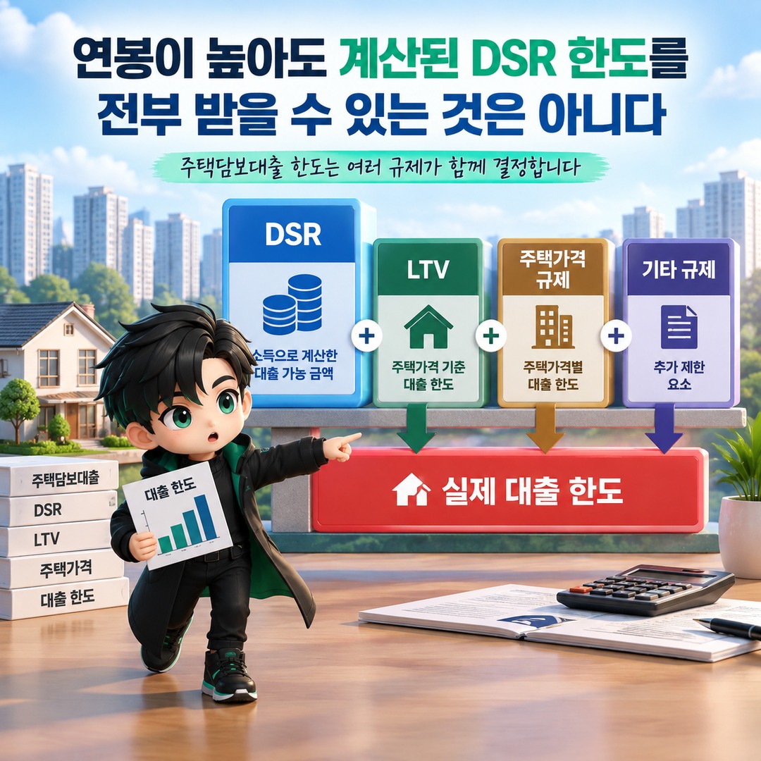 주택담보대출 연봉별 한도, 2026년에는 DSR 40%와 지역별 스트레스 금리가 먼저 갈라놓는다 - 연봉이 높아도 계산된 DSR 한도를 전부 받을 수 있는 것은 아니다 핵심 내용을 정리한 정보형 이미지