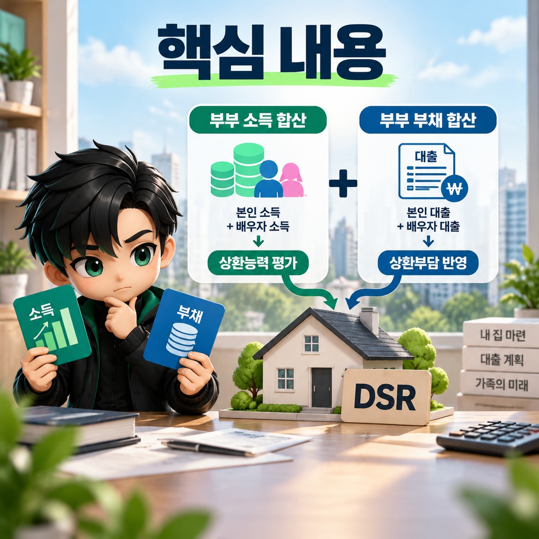 주담대 부부합산 DSR, 배우자 소득만 더하면 한도 늘까? 부채도 함께 합산됩니다 - 핵심 내용 핵심 내용을 정리한 정보형 이미지