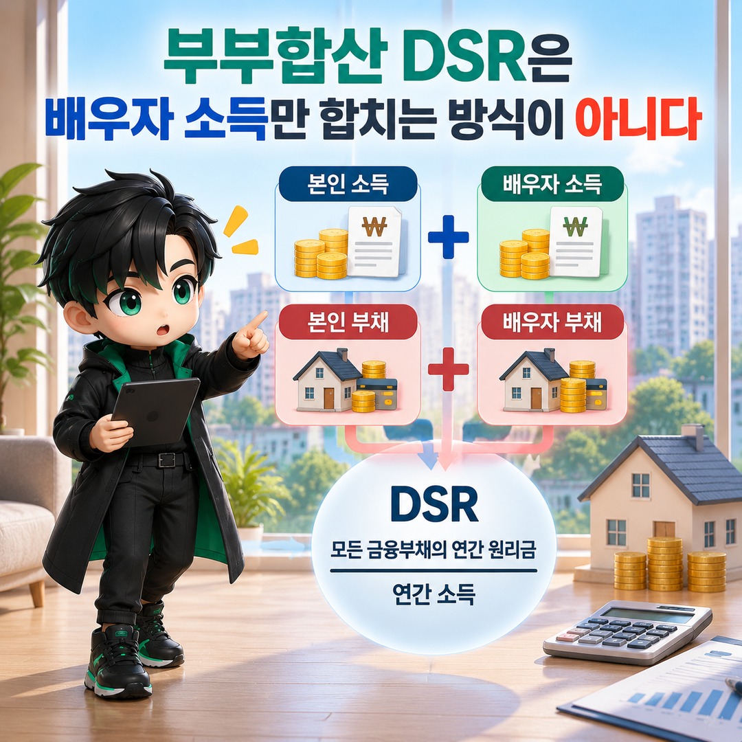주담대 부부합산 DSR, 배우자 소득만 더하면 한도 늘까? 부채도 함께 합산됩니다 - 부부합산 DSR은 배우자 소득만 합치는 방식이 아니다 핵심 내용을 정리한 정보형 이미지