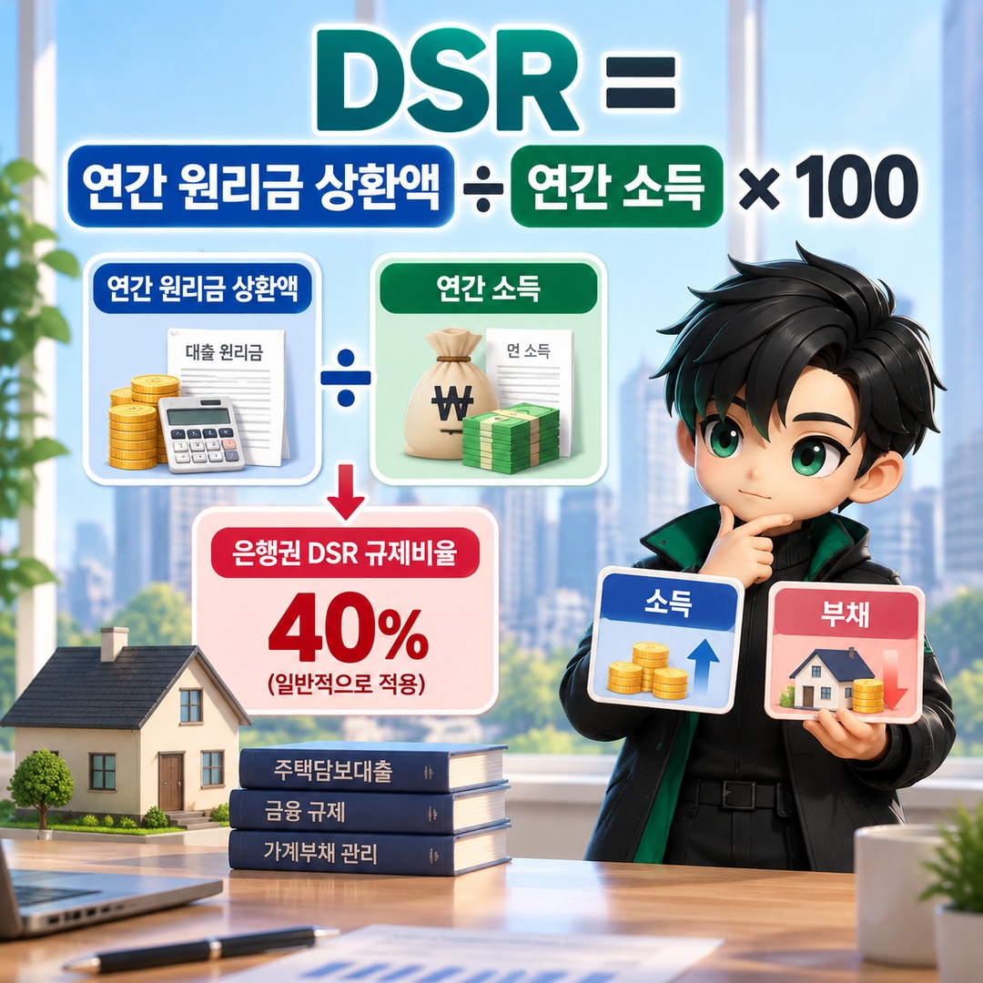 주담대 부부합산 DSR, 배우자 소득만 더하면 한도 늘까? 부채도 함께 합산됩니다 - DSR = 연간 원리금 상환액 ÷ 연간 소득 × 100 핵심 내용을 정리한 정보형 이미지