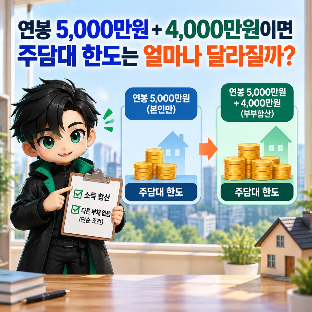 주담대 부부합산 DSR, 배우자 소득만 더하면 한도 늘까? 부채도 함께 합산됩니다 - 연봉 5,000만원+4,000만원이면 주담대 한도는 얼마나 달라질까 핵심 내용을 정리한 정보형 이미지