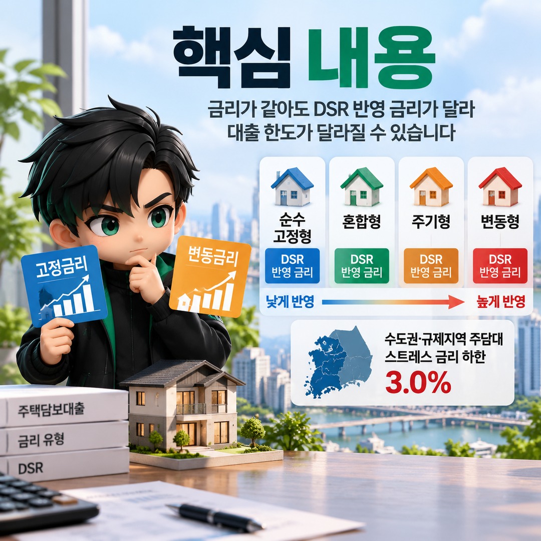 주담대 고정금리·혼합형·변동금리, 금리가 같아도 DSR 한도가 달라지는 이유 - 핵심 내용 핵심 내용을 정리한 정보형 이미지