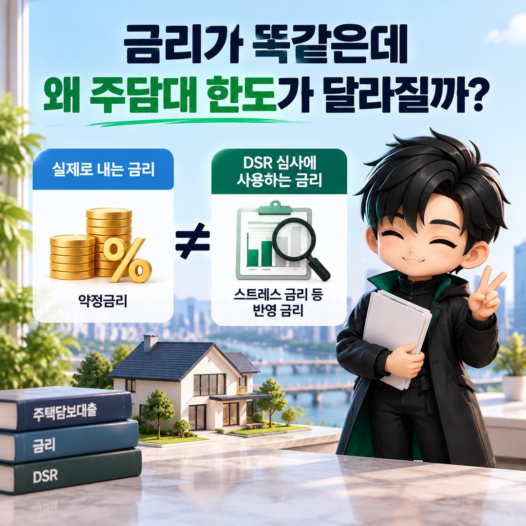 주담대 고정금리·혼합형·변동금리, 금리가 같아도 DSR 한도가 달라지는 이유 - 금리가 똑같은데 왜 주담대 한도가 달라질까 핵심 내용을 정리한 정보형 이미지