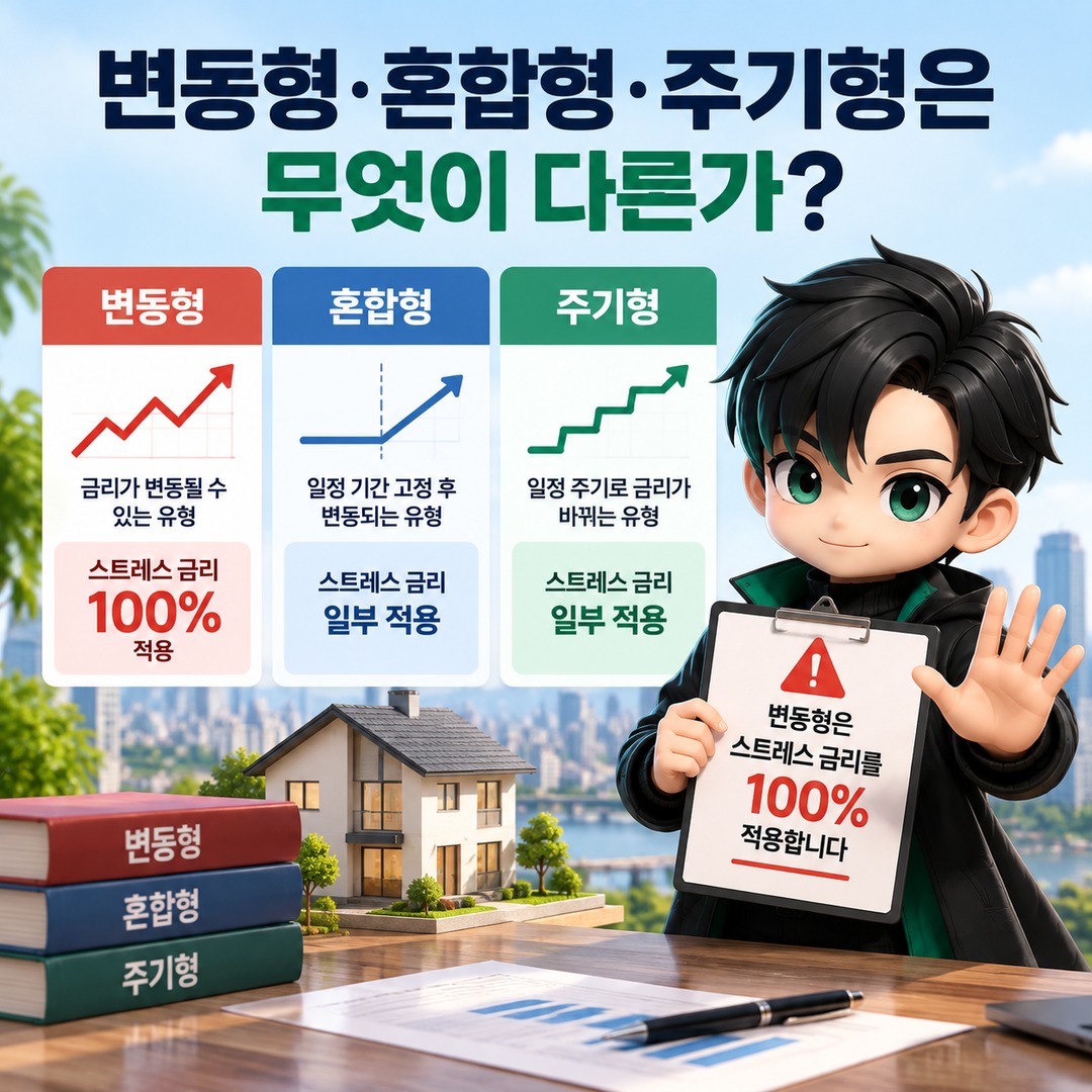 주담대 고정금리·혼합형·변동금리, 금리가 같아도 DSR 한도가 달라지는 이유 - 변동형·혼합형·주기형은 무엇이 다른가 핵심 내용을 정리한 정보형 이미지