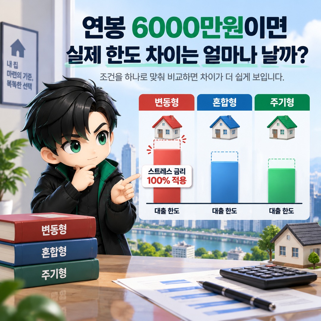 주담대 고정금리·혼합형·변동금리, 금리가 같아도 DSR 한도가 달라지는 이유 - 연봉 6000만원이면 실제 한도 차이는 얼마나 날까 핵심 내용을 정리한 정보형 이미지