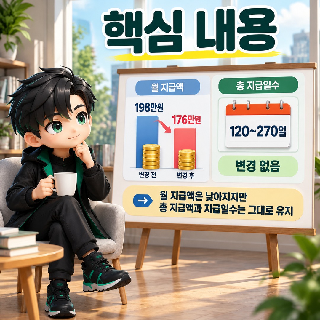실업급여 월 198만원에서 176만원으로 바뀌면 총수령액도 줄어들까 - 핵심 내용 핵심 내용을 정리한 정보형 이미지
