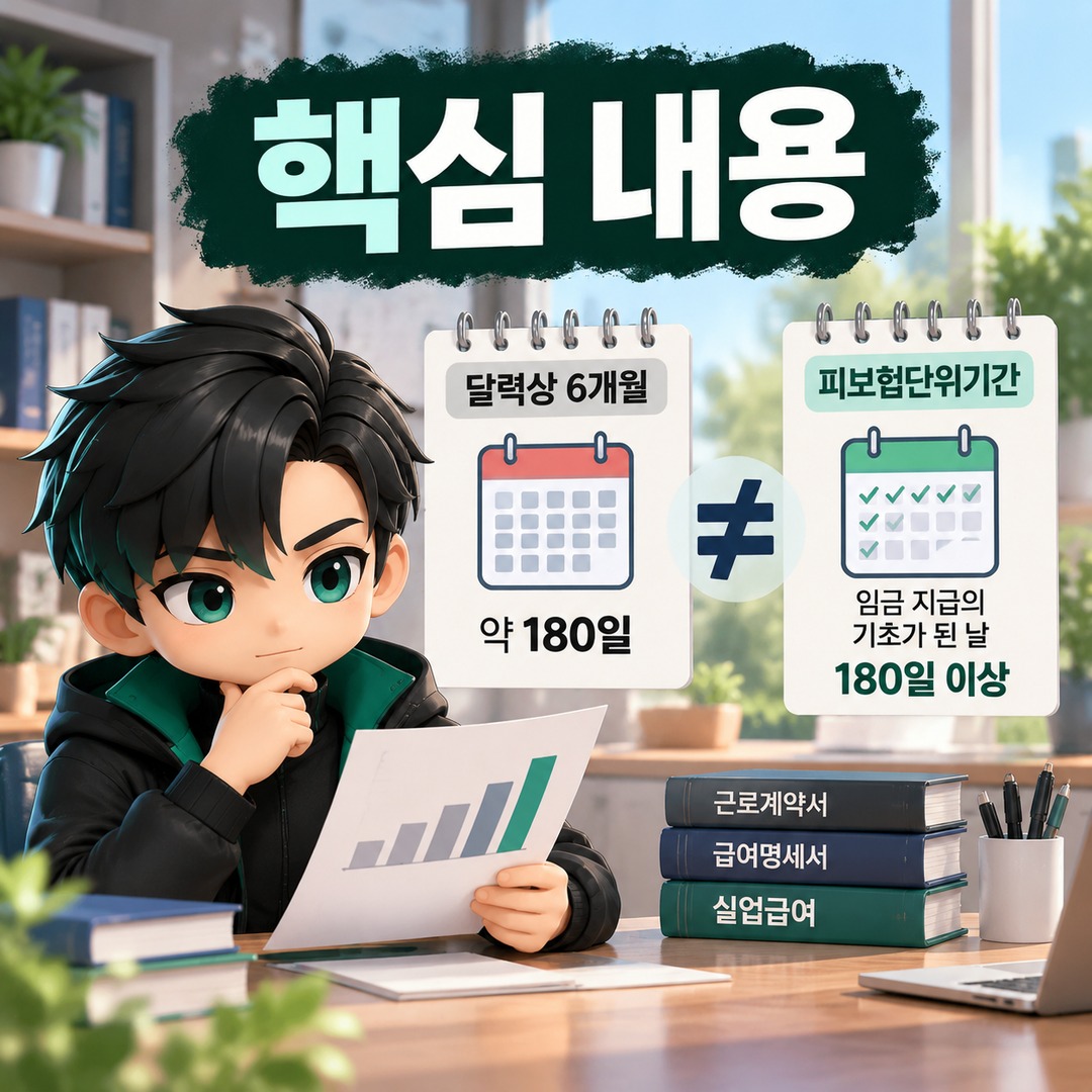 실업급여 6개월 근무했는데 180일이 안 되는 이유, 주5일이면 이렇게 계산합니다 - 핵심 내용 핵심 내용을 정리한 정보형 이미지