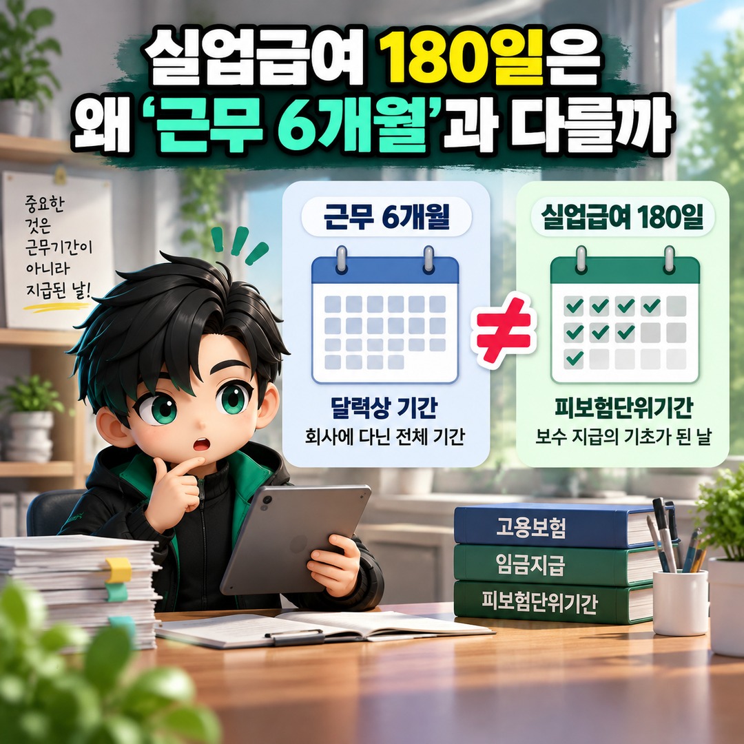 실업급여 6개월 근무했는데 180일이 안 되는 이유, 주5일이면 이렇게 계산합니다 - 실업급여 180일은 왜 ‘근무 6개월’과 다를까 핵심 내용을 정리한 정보형 이미지