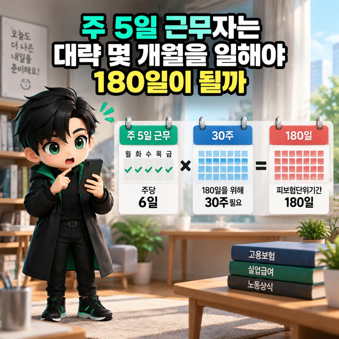 실업급여 6개월 근무했는데 180일이 안 되는 이유, 주5일이면 이렇게 계산합니다 - 주 5일 근무자는 대략 몇 개월을 일해야 180일이 될까 핵심 내용을 정리한 정보형 이미지