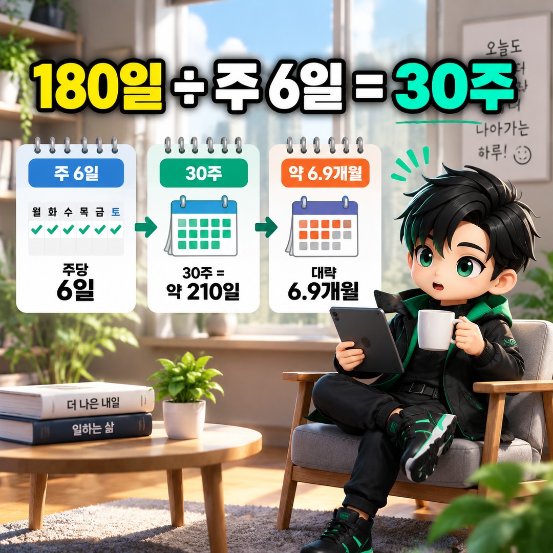 실업급여 6개월 근무했는데 180일이 안 되는 이유, 주5일이면 이렇게 계산합니다 - 180일 ÷ 주 6일 = 30주 핵심 내용을 정리한 정보형 이미지