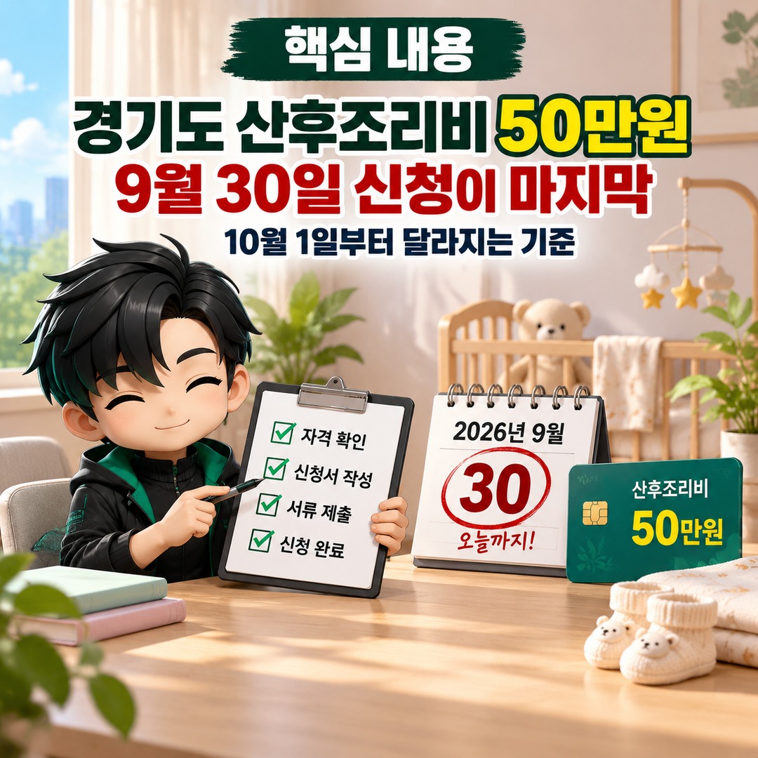 경기도 산후조리비 50만원, 9월 30일 신청이 마지막…10월 1일부터 달라지는 기준 - 핵심 내용 핵심 내용을 정리한 정보형 이미지