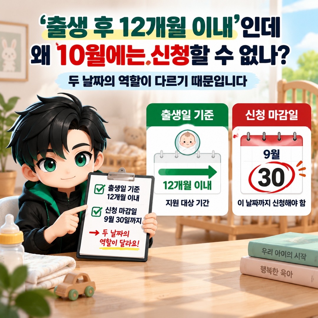 경기도 산후조리비 50만원, 9월 30일 신청이 마지막…10월 1일부터 달라지는 기준 - ‘출생 후 12개월 이내’인데 왜 10월에는 신청할 수 없나 핵심 내용을 정리한 정보형 이미지