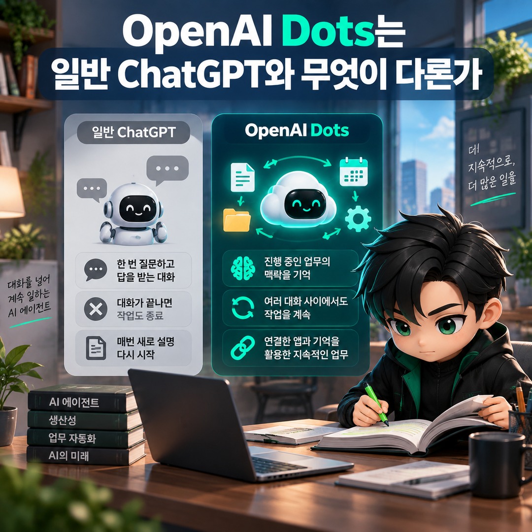 OpenAI Dots: Key Features and Capabilities of an AI Agent That Keeps Working After the Conversation Ends - Informational image explaining how OpenAI Dots differs from regular ChatG