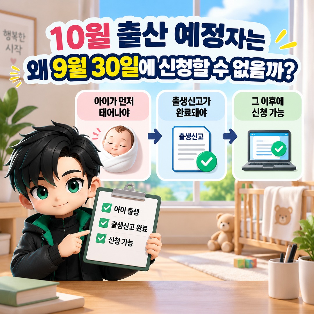 경기도 산후조리비 10월 출산 예정이면 9월 30일 사전신청 가능할까? 출생신고 전에는 불가 - 10월 출산 예정자는 왜 9월 30일에 신청할 수 없을까? 핵심 내용을 정리한 정보형 이미지