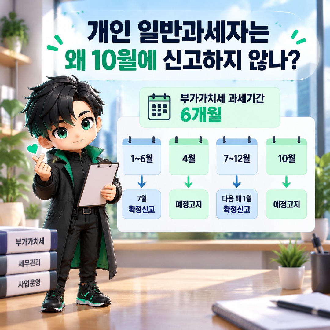 개인사업자 2026년 10월 부가세, 일반과세자는 직접 신고보다 예정고지서부터 확인 - 개인 일반과세자는 왜 10월에 신고하지 않나 핵심 내용을 정리한 정보형 이미지