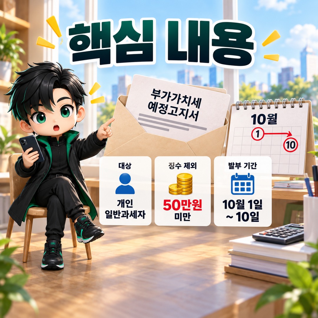 부가세 예정고지서 안 왔다면? 50만원 미만은 제외, 10월 10일까지 발부 - 핵심 내용 핵심 내용을 정리한 정보형 이미지