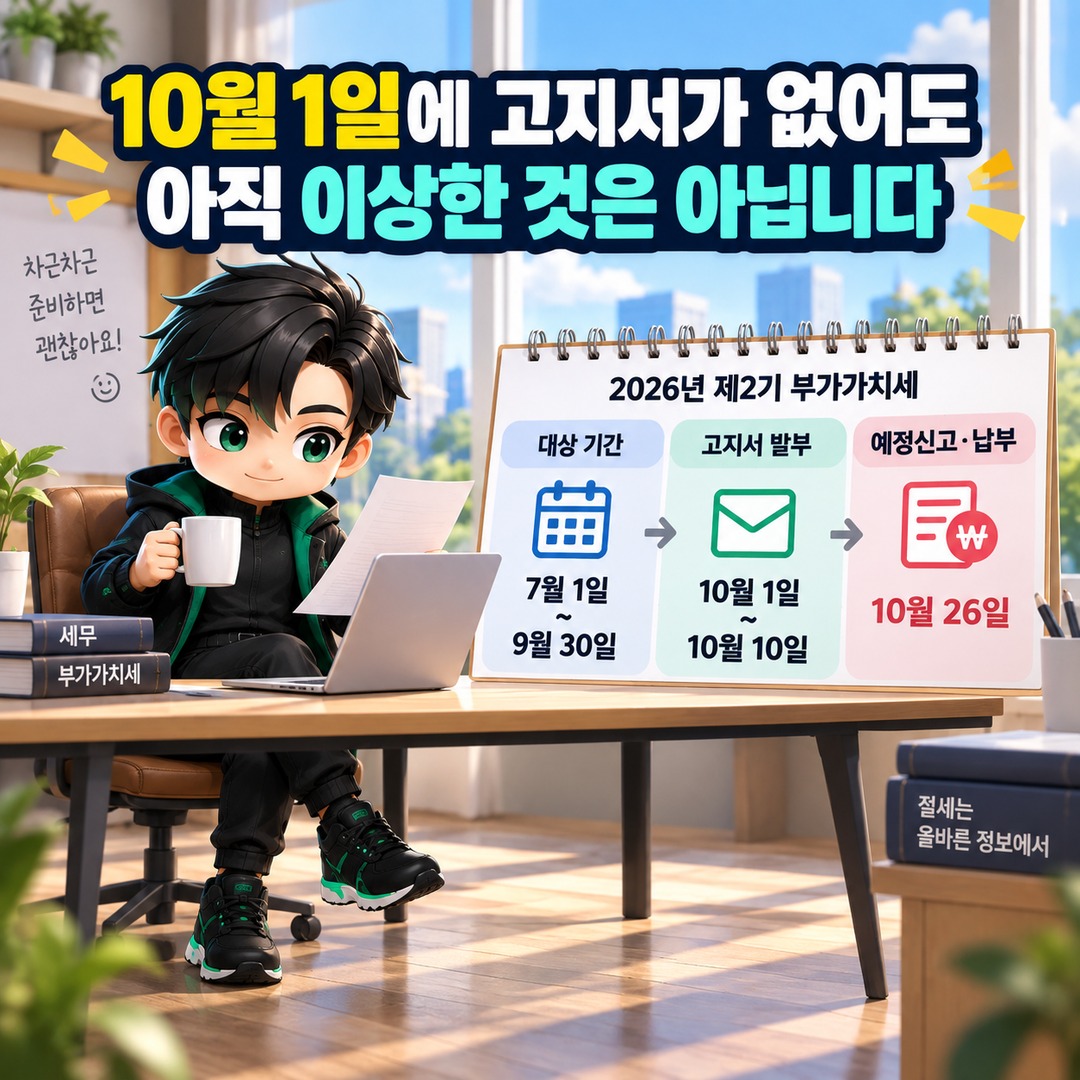 부가세 예정고지서 안 왔다면? 50만원 미만은 제외, 10월 10일까지 발부 - 10월 1일에 고지서가 없어도 아직 이상한 것은 아닙니다 핵심 내용을 정리한 정보형 이미지