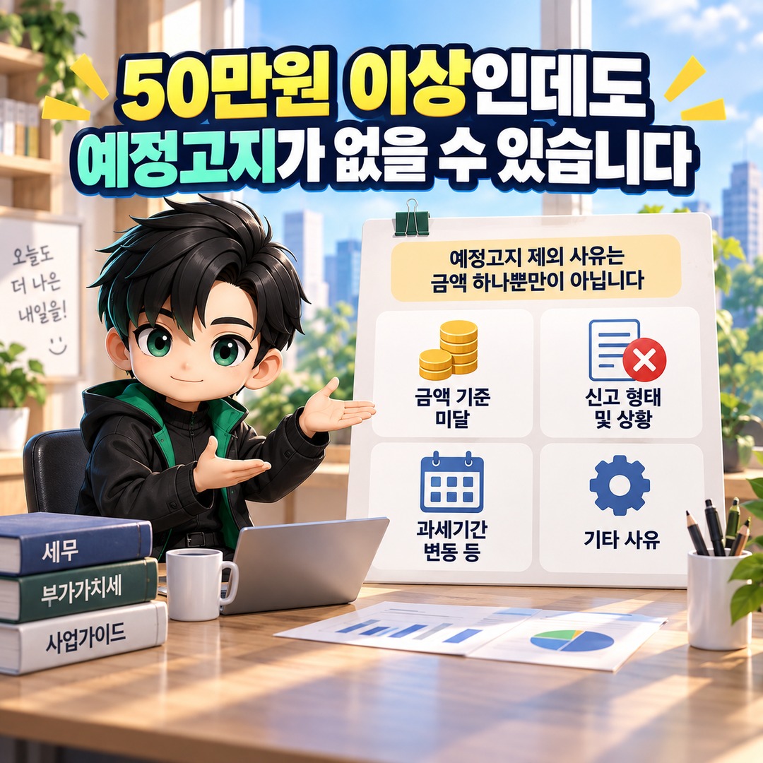 부가세 예정고지서 안 왔다면? 50만원 미만은 제외, 10월 10일까지 발부 - 50만원 이상인데도 예정고지가 없을 수 있습니다 핵심 내용을 정리한 정보형 이미지