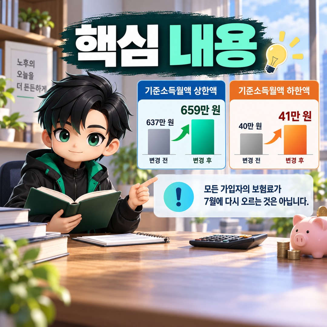2026년 국민연금 기준소득월액이 바뀌면 내 보험료도 오를까? 7월 변경 대상부터 확인 - 핵심 내용 핵심 내용을 정리한 정보형 이미지