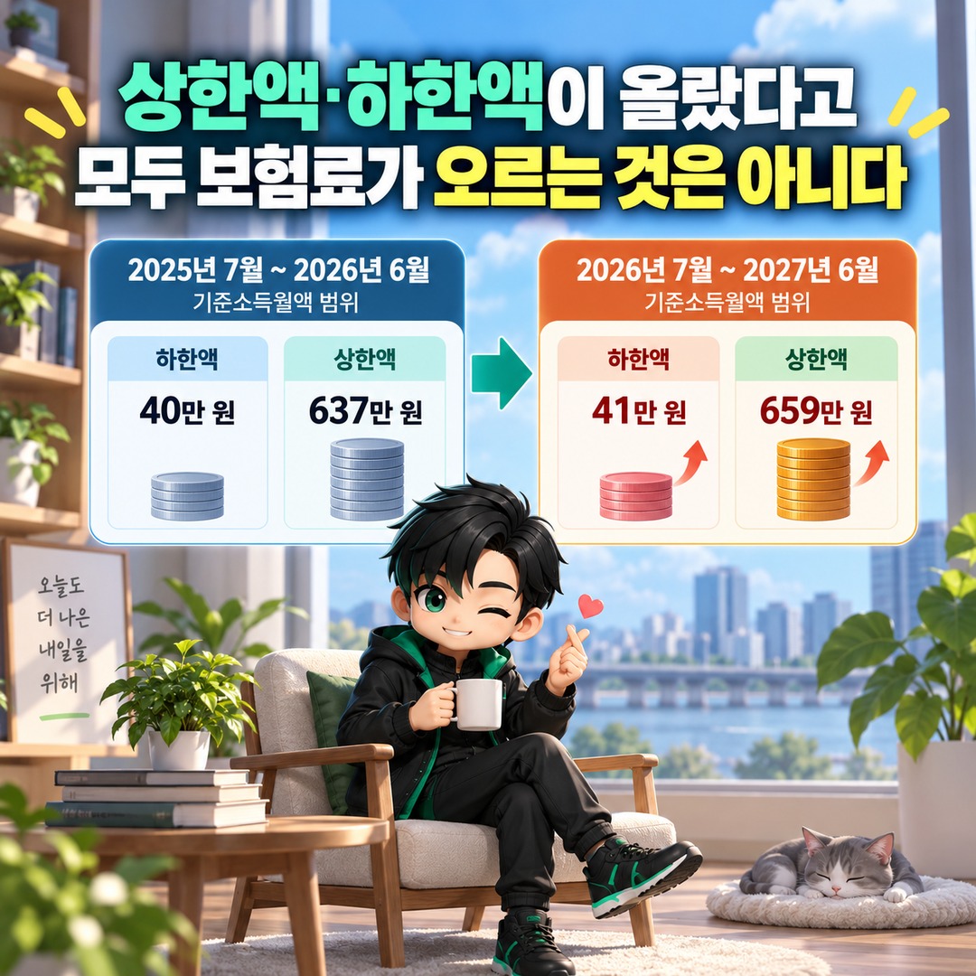 2026년 국민연금 기준소득월액이 바뀌면 내 보험료도 오를까? 7월 변경 대상부터 확인 - 상한액·하한액이 올랐다고 모두 보험료가 오르는 것은 아니다 핵심 내용을 정리한 정보형 이미지
