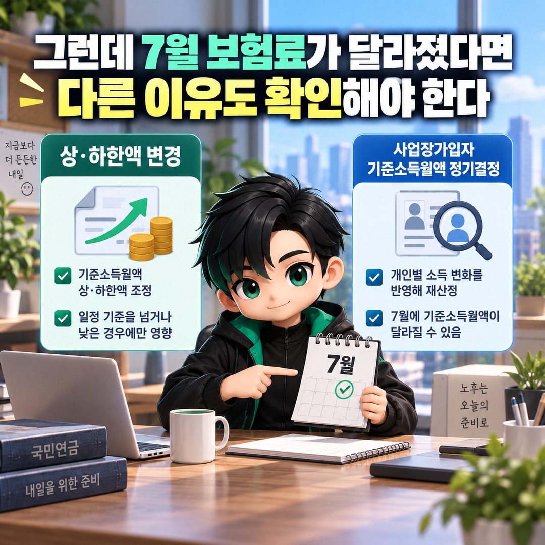 2026년 국민연금 기준소득월액이 바뀌면 내 보험료도 오를까? 7월 변경 대상부터 확인 - 그런데 7월 보험료가 달라졌다면 다른 이유도 확인해야 한다 핵심 내용을 정리한 정보형 이미지