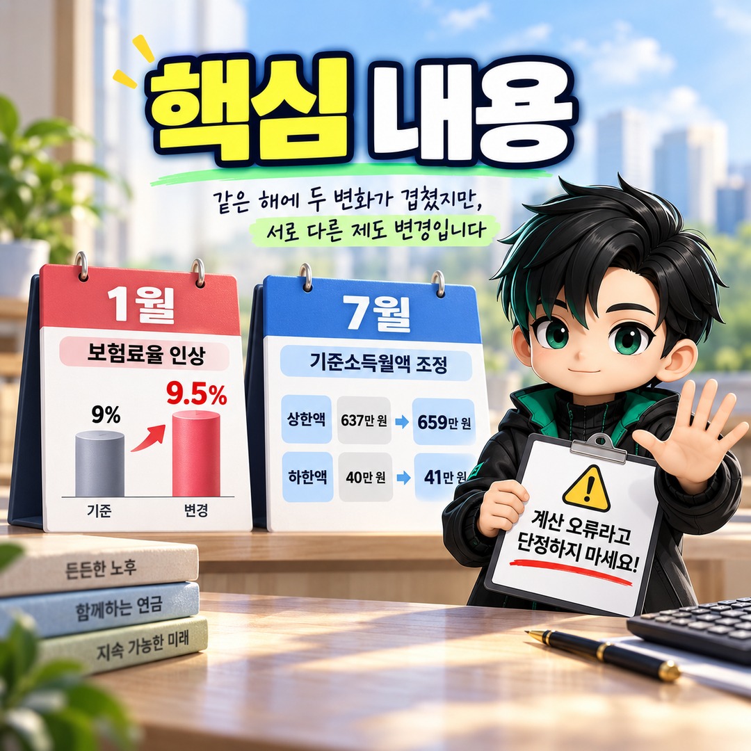국민연금 2026년에 두 번 오른 것처럼 보이는 이유, 1월 보험료율·7월 기준소득월액은 다릅니다 - 핵심 내용 핵심 내용을 정리한 정보형 이미지