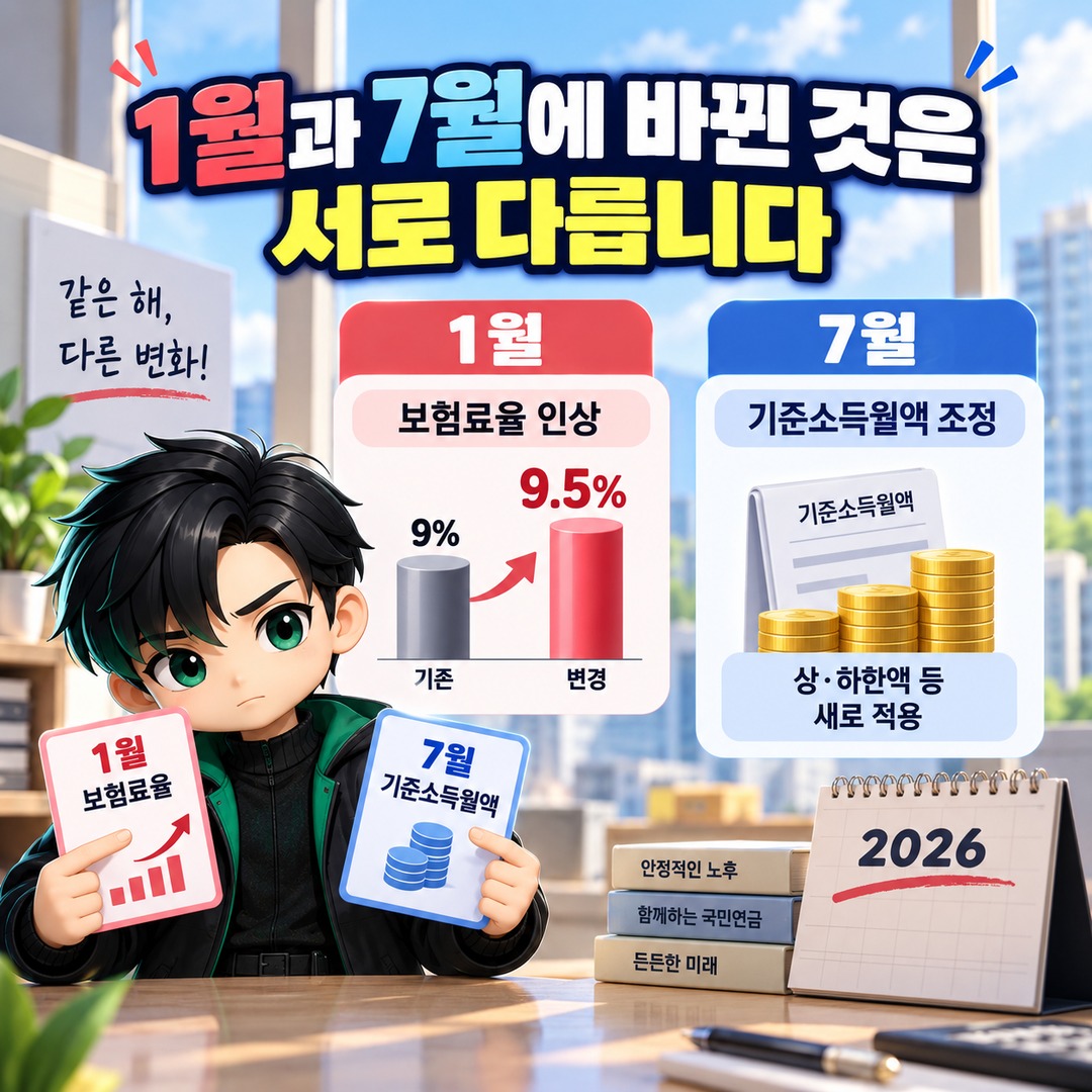 국민연금 2026년에 두 번 오른 것처럼 보이는 이유, 1월 보험료율·7월 기준소득월액은 다릅니다 - 1월과 7월에 바뀐 것은 서로 다릅니다 핵심 내용을 정리한 정보형 이미지