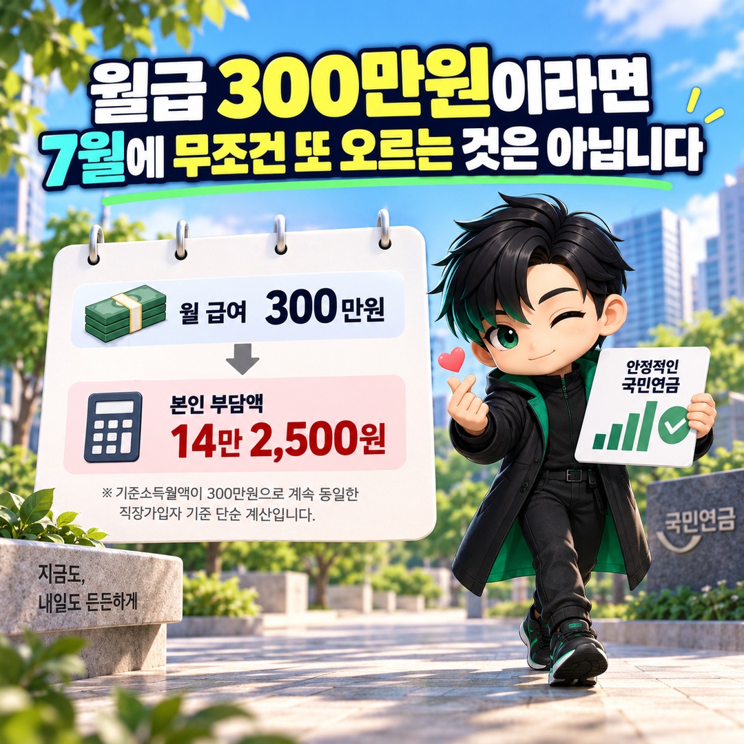 국민연금 2026년에 두 번 오른 것처럼 보이는 이유, 1월 보험료율·7월 기준소득월액은 다릅니다 - 월급 300만원이라면 7월에 무조건 또 오르는 것은 아닙니다 핵심 내용을 정리한 정보형 이미지