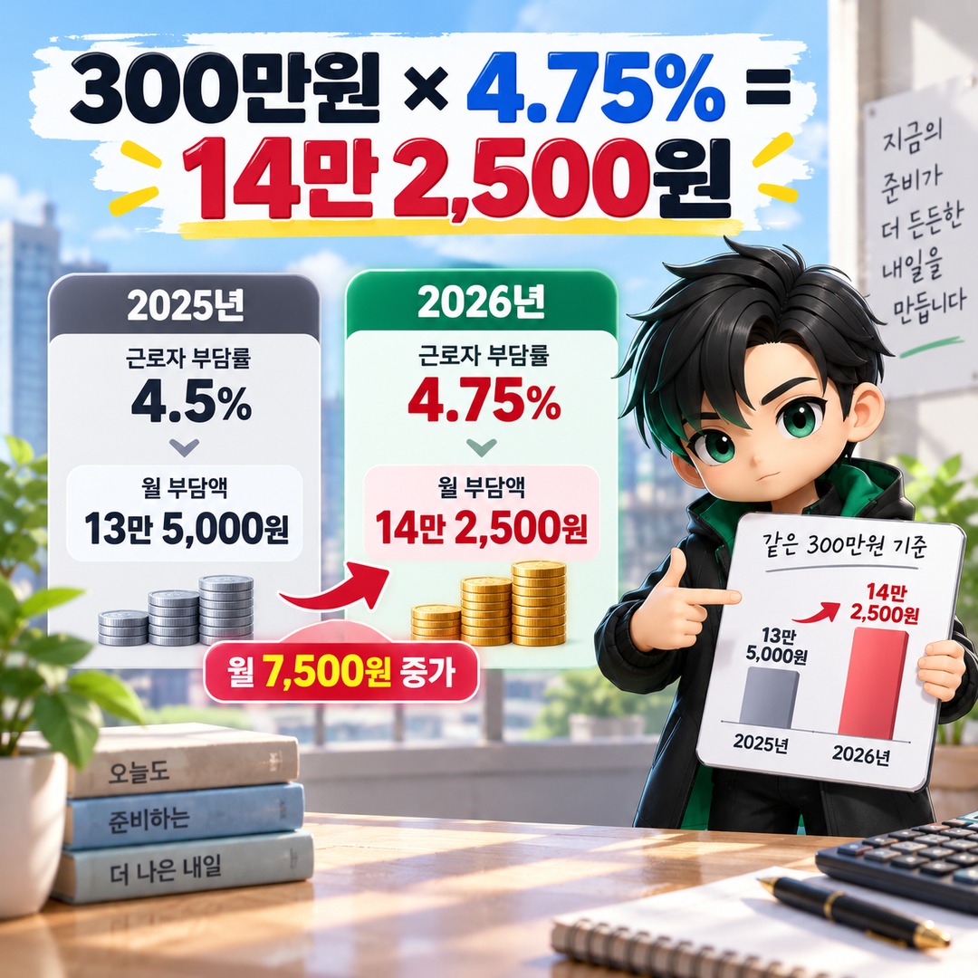 국민연금 2026년에 두 번 오른 것처럼 보이는 이유, 1월 보험료율·7월 기준소득월액은 다릅니다 - 300만원 × 4.75% = 14만2,500원 핵심 내용을 정리한 정보형 이미지