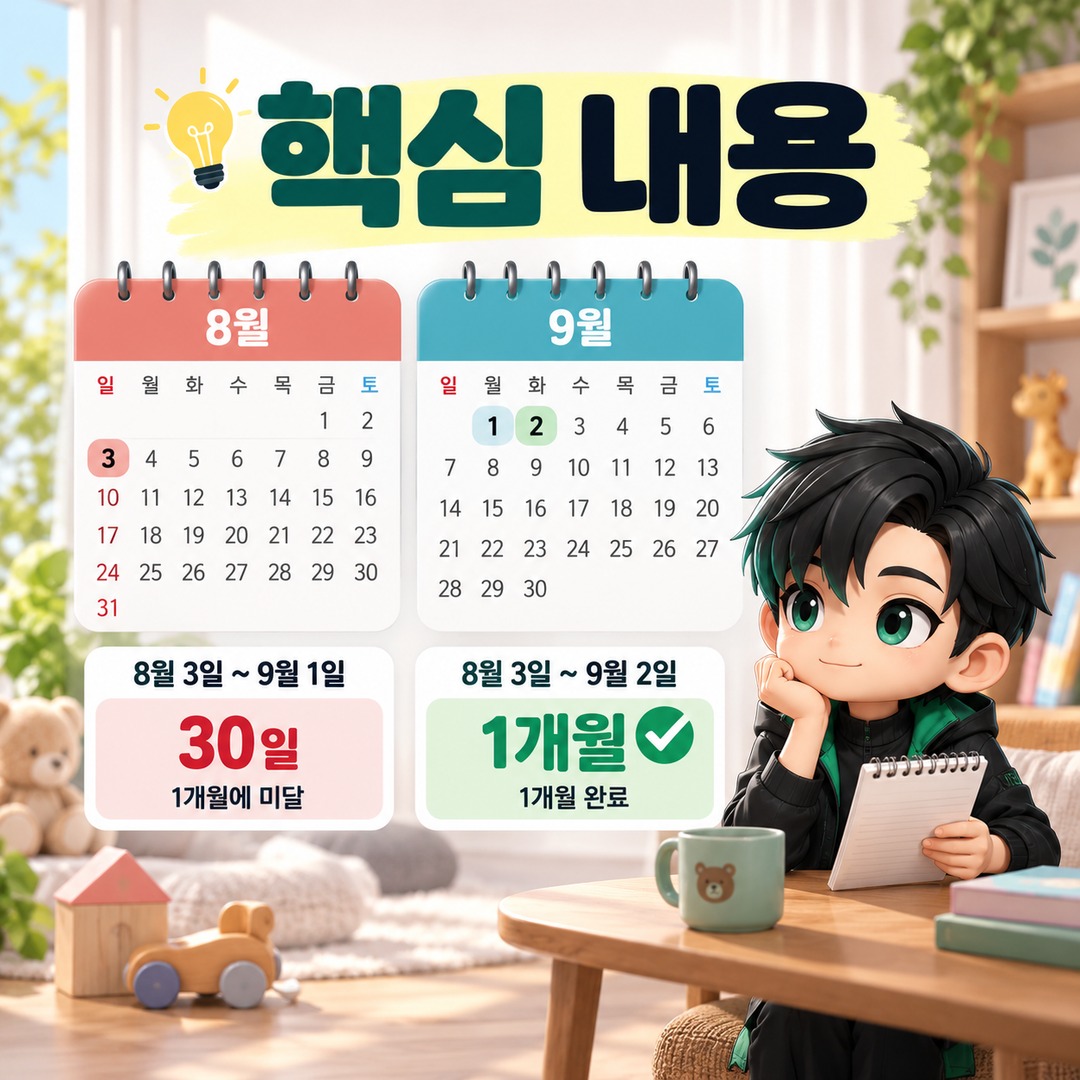 육아휴직 1개월은 30일이 아니다…8월 3일 시작이면 9월 2일까지가 한 달 - 핵심 내용 핵심 내용을 정리한 정보형 이미지