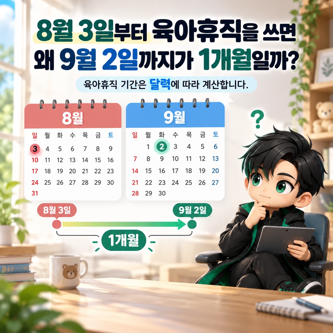 육아휴직 1개월은 30일이 아니다…8월 3일 시작이면 9월 2일까지가 한 달 - 8월 3일부터 육아휴직을 쓰면 왜 9월 2일까지가 1개월일까 핵심 내용을 정리한 정보형 이미지