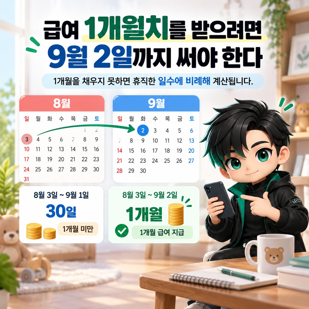 육아휴직 1개월은 30일이 아니다…8월 3일 시작이면 9월 2일까지가 한 달 - 급여 1개월치를 받으려면 9월 2일까지 써야 한다 핵심 내용을 정리한 정보형 이미지
