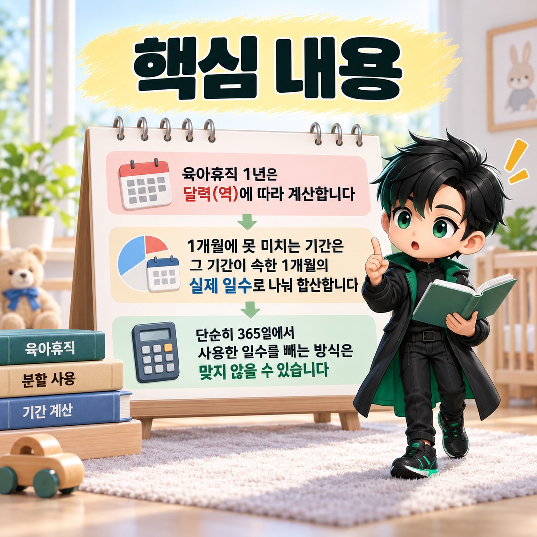 육아휴직 분할하면 남은 기간은 며칠? 30일·31일을 단순 합산하면 틀릴 수 있습니다 - 핵심 내용 핵심 내용을 정리한 정보형 이미지
