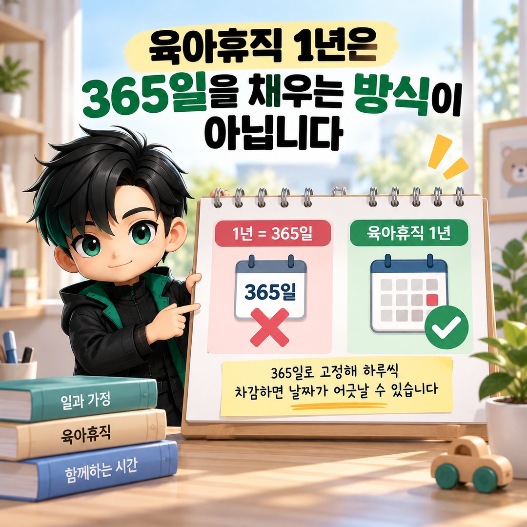 육아휴직 분할하면 남은 기간은 며칠? 30일·31일을 단순 합산하면 틀릴 수 있습니다 - 육아휴직 1년은 365일을 채우는 방식이 아닙니다 핵심 내용을 정리한 정보형 이미지