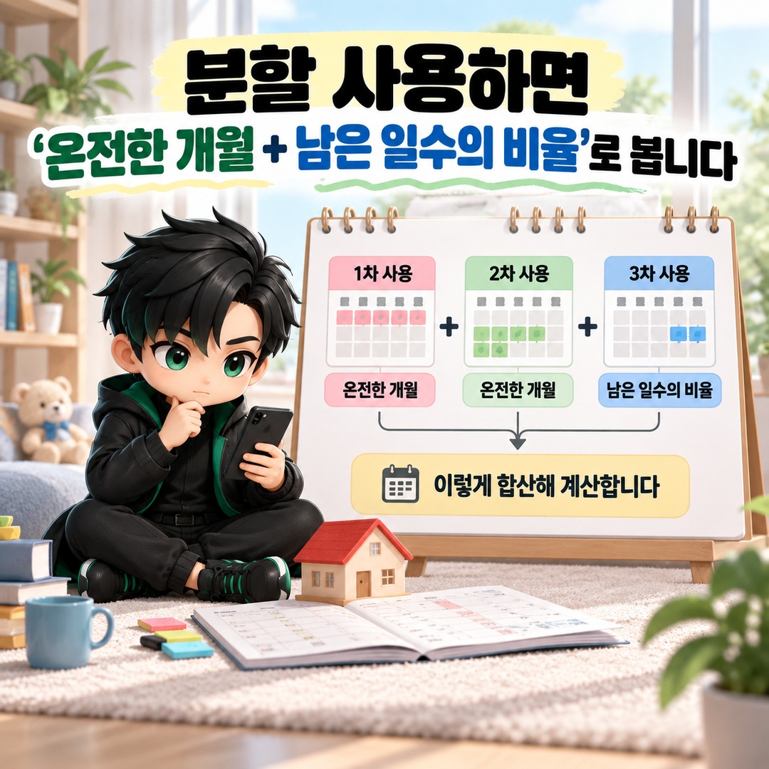 육아휴직 분할하면 남은 기간은 며칠? 30일·31일을 단순 합산하면 틀릴 수 있습니다 - 분할 사용하면 ‘온전한 개월 + 남은 일수의 비율’로 봅니다 핵심 내용을 정리한 정보형 이미지