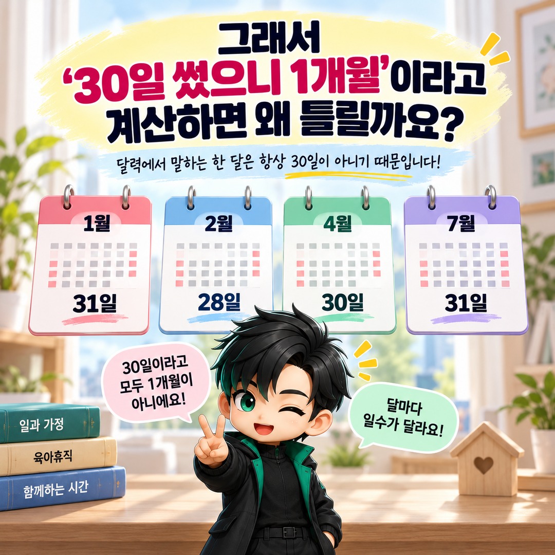 육아휴직 분할하면 남은 기간은 며칠? 30일·31일을 단순 합산하면 틀릴 수 있습니다 - 그래서 ‘30일 썼으니 1개월’이라고 계산하면 왜 틀릴까요? 핵심 내용을 정리한 정보형 이미지